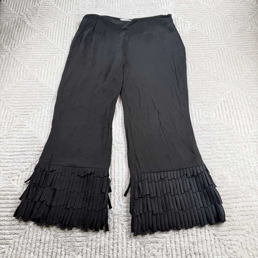 Milly Fringe Hem Wide Leg Pants Women's 10 Black Cropped Tiered Statement Gatsby